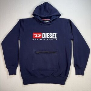 Diesel Hoodie Men's L Navy Kangaroo Zip Pocket Graphic Spellout Logo Y2K